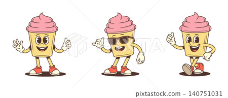 Cupcake Character With Sunglasses And Gestures Poses Retro Cartoon Vector Illustration Cupcake Character With Sunglasses And Gestures Poses Retro Cartoon Vector Illustration 140751031