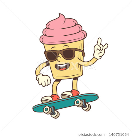 Cool Cupcake On Skateboard Rock On Retro Cartoon Character Vector Illustration Cool Cupcake On Skateboard Rock On Retro Cartoon Character Vector Illustration 140751064