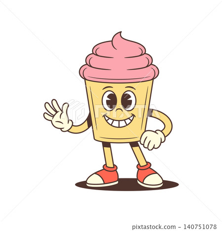 Friendly Smiling Waving Cupcake Mascot Cheerful Retro Cartoon Character Vector Illustration Friendly Smiling Waving Cupcake Mascot Cheerful Retro Cartoon Character Vector Illustration 140751078