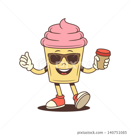 Cool Cupcake Mascot With Coffee And Thumbs Up Retro Cartoon Character Vector Illustration 140751085