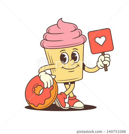 Cute Cupcake Mascot With Donut And Love Sign Retro Cartoon Character Vector Illustration Cute Cupcake Mascot With Donut And Love Sign Retro Cartoon Character Vector Illustration 140751086