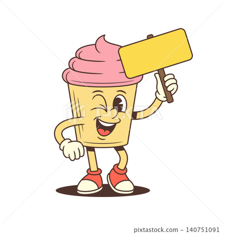 Winking Cupcake Mascot Holding Sign Retro Cartoon Character Vector Illustration 140751091
