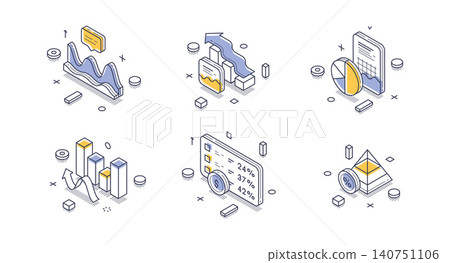 Stock Market Trading And Financial Data Analytics Modern Isometric Vector Illustration Icons Set 140751106