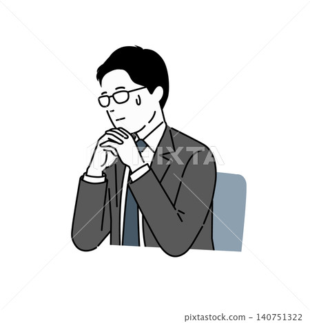 An illustration of a man in a suit deep in thought, and a bespectacled businessman with his hands clasped, looking anxious and deep in thought. An illustration of a man in a suit deep in thought, and a bespectacled businessman with his hands clasped, looking anxious and deep in thought. 140751322