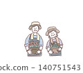 Illustration of an elderly couple holding a flowerpot. 140751543