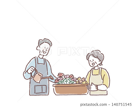 An illustration of an elderly couple watering flowers. An illustration of an elderly couple watering flowers. 140751545