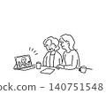 An illustration (line drawing) of an elderly woman and her daughter having an online consultation using a tablet. 140751548