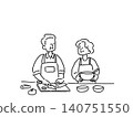 An illustration of an elderly couple enjoying cooking together, line drawing. 140751550