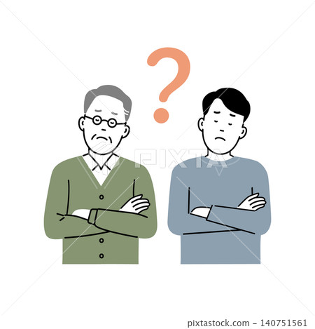 一幅簡單的插圖,描繪了一位父親和他的兒子神情憂慮,父子倆手挽著手,在家庭諮詢過程中顯得困惑不解。 一幅簡單的插圖,描繪了一位父親和他的兒子神情憂慮,父子倆手挽著手,在家庭諮詢過程中顯得困惑不解。 140751561