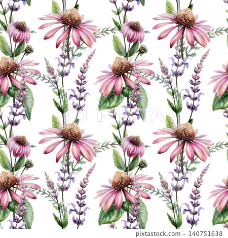 Echinacea and sage mix seamless pattern watercolor illustration. Botanical herbs blend for organic health immunity pharmacy branding, cold remedy packaging, medical floral tea design, wellness print Echinacea and sage mix seamless pattern watercolor illustration. Botanical herbs blend for organic health immunity pharmacy branding, cold remedy packaging, medical floral tea design, wellness print 140751638