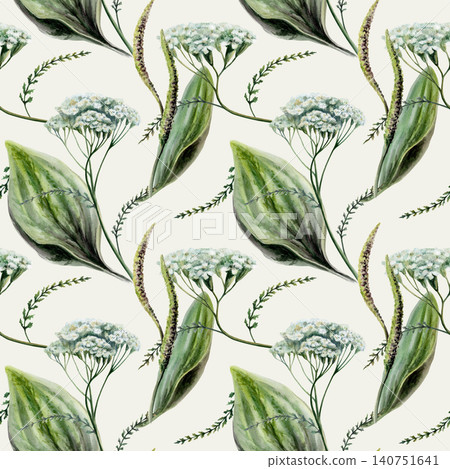 Plantain and yarrow mix seamless pattern watercolor illustration on cream background. Herbs blend for sensitive skincare cosmetics packaging, organic detox herbal tea design, wellness fabric print Plantain and yarrow mix seamless pattern watercolor illustration on cream background. Herbs blend for sensitive skincare cosmetics packaging, organic detox herbal tea design, wellness fabric print 140751641