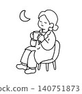 An illustration of a female doctor relaxing in a chair at night, drinking coffee. 140751873