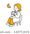 An illustration of a female doctor relaxing in a chair at night, drinking coffee. 140751874