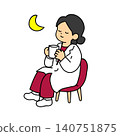 An illustration of a female doctor relaxing in a chair at night, drinking coffee. 140751875