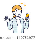 An illustration of a woman looking anxiously at her smartphone screen. 140751977