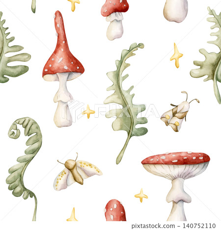 Cute Fly Agaric Mushrooms Fern Butterfly Moth Stars Seamless Pattern. Watercolor summer floral forest illustration hand painted isolated on white background nursery design fresh prints home textile Cute Fly Agaric Mushrooms Fern Butterfly Moth Stars Seamless Pattern. Watercolor summer floral forest illustration hand painted isolated on white background nursery design fresh prints home textile 140752110
