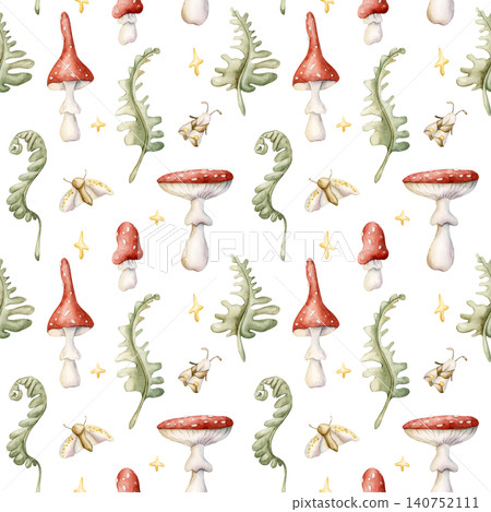 Cute Fly Agaric Mushrooms Fern Butterfly Moth Stars Seamless Pattern. Watercolor summer floral forest illustration hand painted isolated on white background nursery design fresh prints home textile Cute Fly Agaric Mushrooms Fern Butterfly Moth Stars Seamless Pattern. Watercolor summer floral forest illustration hand painted isolated on white background nursery design fresh prints home textile 140752111