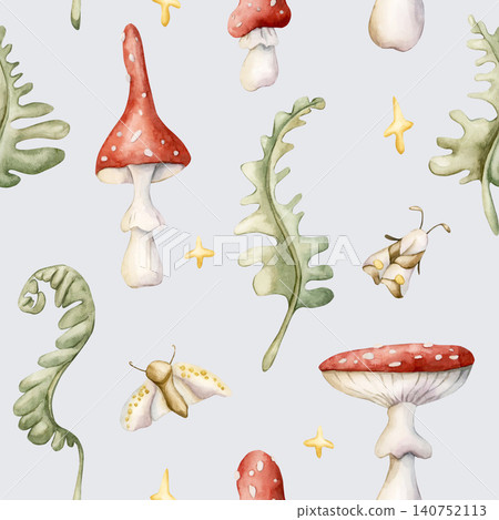 Cute Fly Agaric Mushrooms Fern Butterfly Moth Stars Seamless Pattern. Watercolor summer floral forest illustration hand painted isolated on blue background nursery design fresh prints home textile Cute Fly Agaric Mushrooms Fern Butterfly Moth Stars Seamless Pattern. Watercolor summer floral forest illustration hand painted isolated on blue background nursery design fresh prints home textile 140752113
