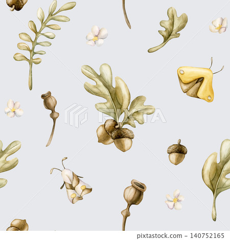 Acorns Oak leaves Poppy Boxes Butterfly Moth Seamless Pattern. Cute Watercolor summer floral forest illustration hand painted isolated on blue background for nursery baby kids design prints textile Acorns Oak leaves Poppy Boxes Butterfly Moth Seamless Pattern. Cute Watercolor summer floral forest illustration hand painted isolated on blue background for nursery baby kids design prints textile 140752165