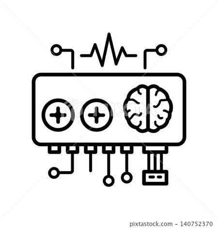 Electronic sound processor and synthesizer box line icon with brain and waveform symbols. Electronic sound processor and synthesizer box line icon with brain and waveform symbols. 140752370