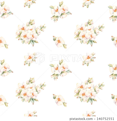Little White Flowers Seamless Pattern Peach Apple Blossom Blooming. Watercolor hand drawn floral illustration isolated on white background home textile fresh fabric cosmetic package porcelain crockery Little White Flowers Seamless Pattern Peach Apple Blossom Blooming. Watercolor hand drawn floral illustration isolated on white background home textile fresh fabric cosmetic package porcelain crockery 140752551