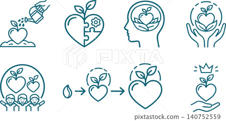 Icon set (line only) representing psychosomatic medicine, counseling, and mental care. Icon set (line only) representing psychosomatic medicine, counseling, and mental care. 140752559