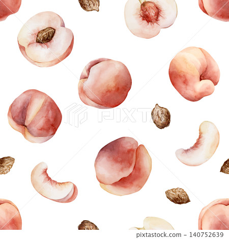 Pink Peaches Seamless Pattern Summer Juicy Ripe Fruits. Watercolor hand drawn floral food illustration isolated on white background for home kitchen textile fresh print card cosmetic package crockery Pink Peaches Seamless Pattern Summer Juicy Ripe Fruits. Watercolor hand drawn floral food illustration isolated on white background for home kitchen textile fresh print card cosmetic package crockery 140752639