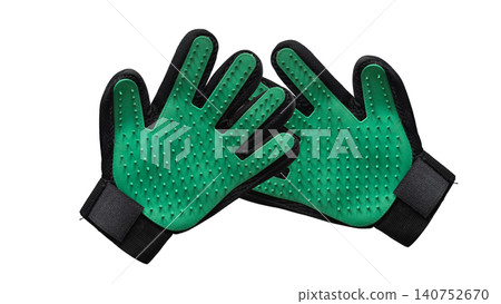 Pair of green pet grooming gloves with silicone bristles isolated on transparent background, concept of animal care and hygiene Pair of green pet grooming gloves with silicone bristles isolated on transparent background, concept of animal care and hygiene 140752670