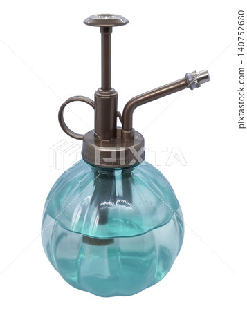 Blue glass plant mister with dark metal pump isolated on transparent background. Vintage spray bottle for watering houseplants, flowers and indoor gardening care. Blue glass plant mister with dark metal pump isolated on transparent background. Vintage spray bottle for watering houseplants, flowers and indoor gardening care. 140752680