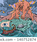 Pop Art Retro Odyssey. The evil Cyclops throws a stone. Myths of Ancient Greece. 140752874