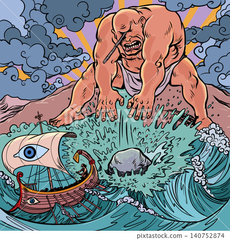 Pop Art Retro Odyssey. The evil Cyclops throws a stone. Myths of Ancient Greece. Pop Art Retro Odyssey. The evil Cyclops throws a stone. Myths of Ancient Greece. 140752874