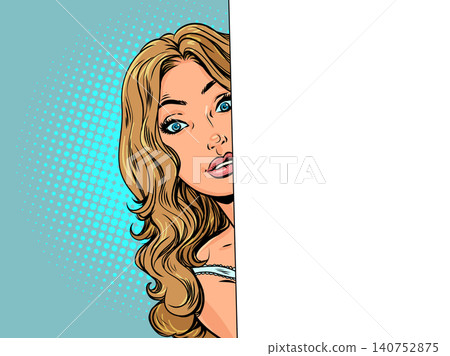 Pop Art Retro A woman peers out. People watch and observe. An interesting business proposition. Pop Art Retro A woman peers out. People watch and observe. An interesting business proposition. 140752875