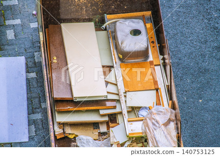 Apartment renovation in Yokohama, Japan. Waste materials are being loaded onto trucks one after another. (Yokohama city) Apartment renovation in Yokohama, Japan. Waste materials are being loaded onto trucks one after another. (Yokohama city) 140753125