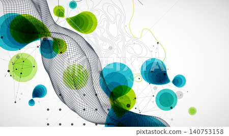 Abstract geometric background with green and blue circles and wireframe wave. Vector Abstract geometric background with green and blue circles and wireframe wave. Vector 140753158