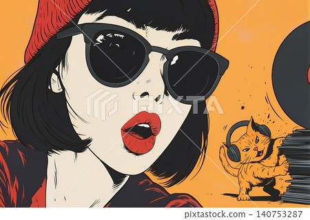 A close-up illustration of a stylish woman with a ginger cat. A close-up illustration of a stylish woman with a ginger cat. 140753287