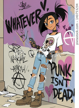 A young woman with a punk aesthetic poses in front of a vibrant graffiti wall, engrossed in her phone. A young woman with a punk aesthetic poses in front of a vibrant graffiti wall, engrossed in her phone. 140753294