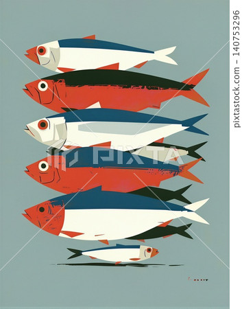 A vibrant illustration depicting a school of stylized fish swimming in unison. 140753296