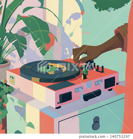 A warm-toned illustration of a hand placing a record on a vintage turntable, bathed in soft light and surrounded by lush greenery. A warm-toned illustration of a hand placing a record on a vintage turntable, bathed in soft light and surrounded by lush greenery. 140753297