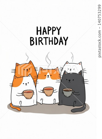 Three adorable cats celebrate a birthday with warm mugs of tea. Three adorable cats celebrate a birthday with warm mugs of tea. 140753299