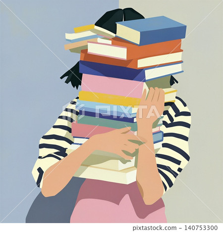 A stylized illustration of a person overwhelmed by a stack of books. A stylized illustration of a person overwhelmed by a stack of books. 140753300