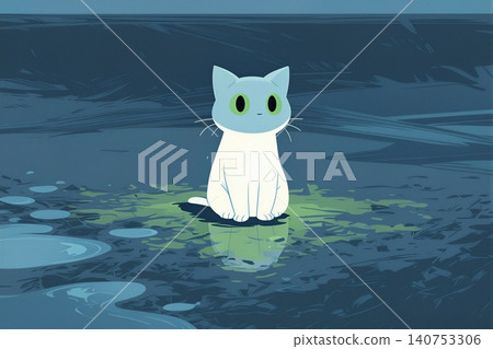A serene illustration of a white cat contemplating its reflection in a puddle. A serene illustration of a white cat contemplating its reflection in a puddle. 140753306