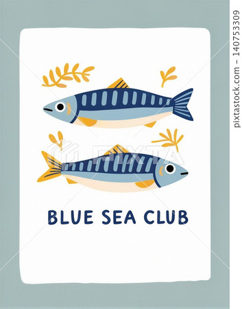 A whimsical illustration of two blue fish swimming amidst lush greenery. A whimsical illustration of two blue fish swimming amidst lush greenery. 140753309