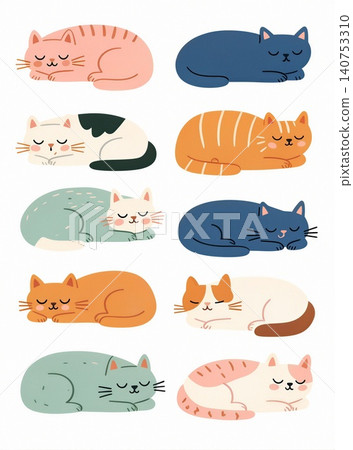 A collection of adorable, stylized cats napping in various colors. A collection of adorable, stylized cats napping in various colors. 140753310