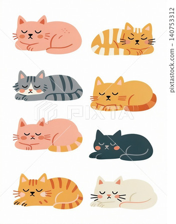 Six adorable cats curled up in peaceful slumber. Six adorable cats curled up in peaceful slumber. 140753312