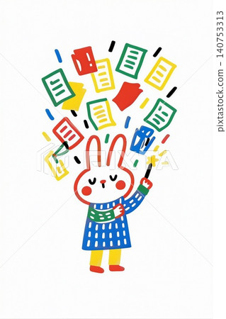 A whimsical illustration of a rabbit surrounded by floating books. A whimsical illustration of a rabbit surrounded by floating books. 140753313