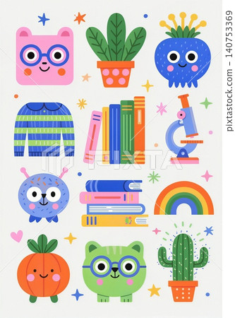 A playful illustration featuring a collection of charming, anthropomorphic objects. A playful illustration featuring a collection of charming, anthropomorphic objects. 140753369