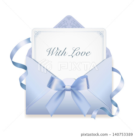 A message card and envelope with an elegant blue ribbon that reads "With Love". A message card and envelope with an elegant blue ribbon that reads "With Love". 140753389