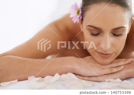 Relax, massage and face of girl at spa for health, wellness and balance with luxury holistic treatment. Self care, zen and woman on mockup for body therapy, comfort and calm pamper service at hotel Relax, massage and face of girl at spa for health, wellness and balance with luxury holistic treatment. Self care, zen and woman on mockup for body therapy, comfort and calm pamper service at hotel 140753399