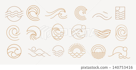 Minimalist abstract blue sea, ocean and wave aesthetic line art logos collection. Minimal linear Minimalist abstract blue sea, ocean and wave aesthetic line art logos collection. Minimal linear 140753416