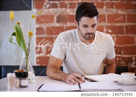 Man, coffee shop and freelancer journal for writing, inspiration and writer for creativity in restaurant. Male person, journal and plan for story or author, calm and peace in cafe for script project Man, coffee shop and freelancer journal for writing, inspiration and writer for creativity in restaurant. Male person, journal and plan for story or author, calm and peace in cafe for script project 140753442